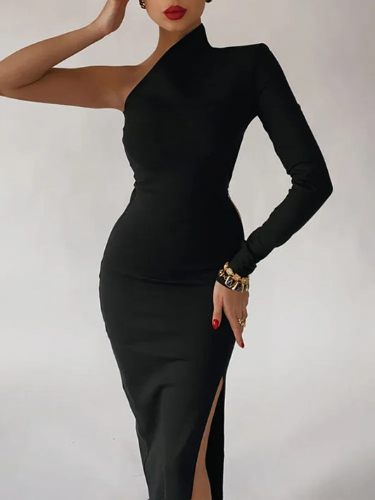 Summer One Shoulder Maxi Elegant Black Bodycon Dress