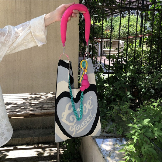 Love and Heart Knit Bags with Shoulder Strap Set