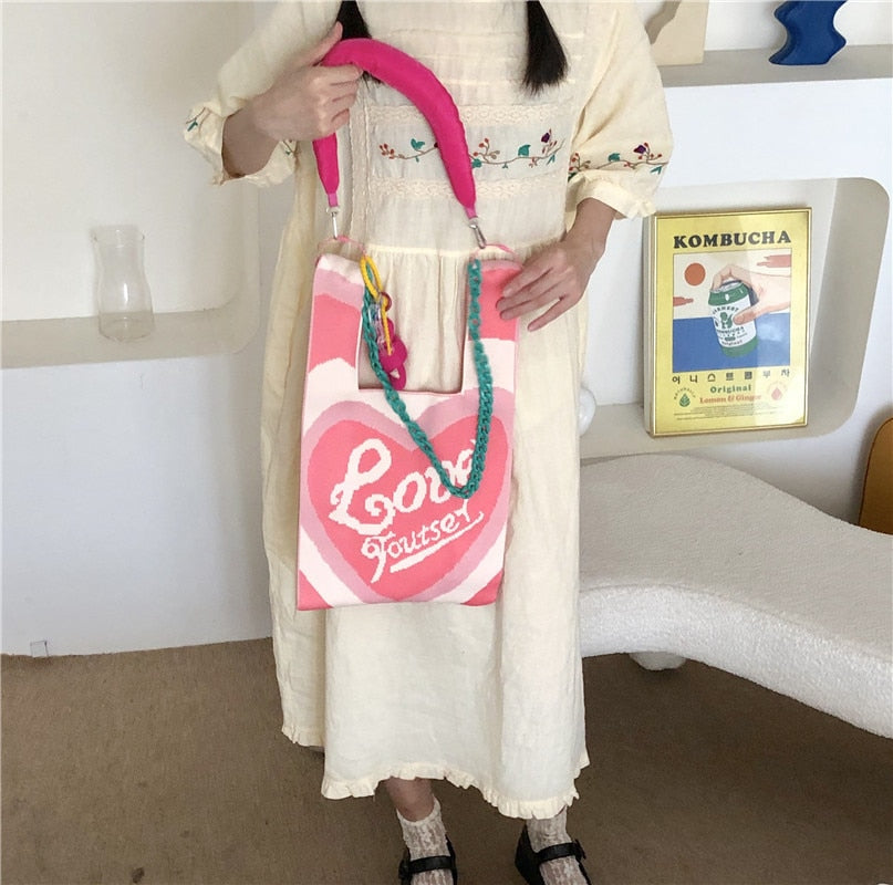Love and Heart Knit Bags with Shoulder Strap Set