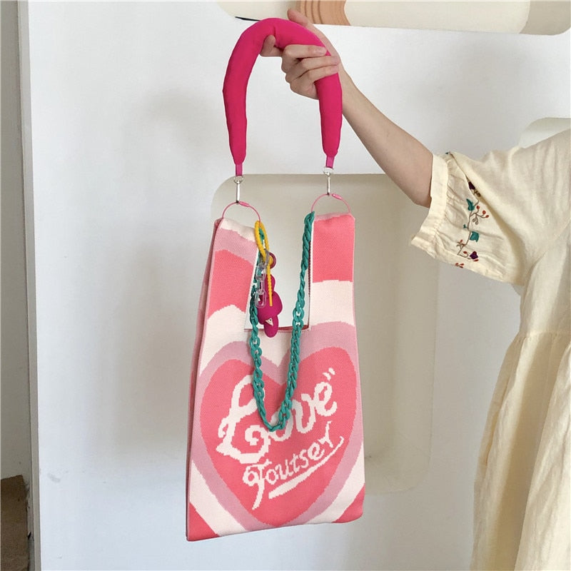 Love and Heart Knit Bags with Shoulder Strap Set