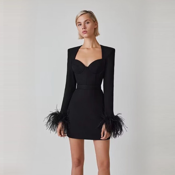 Lucia Bustier Mini Dress with Feathery Cuffs