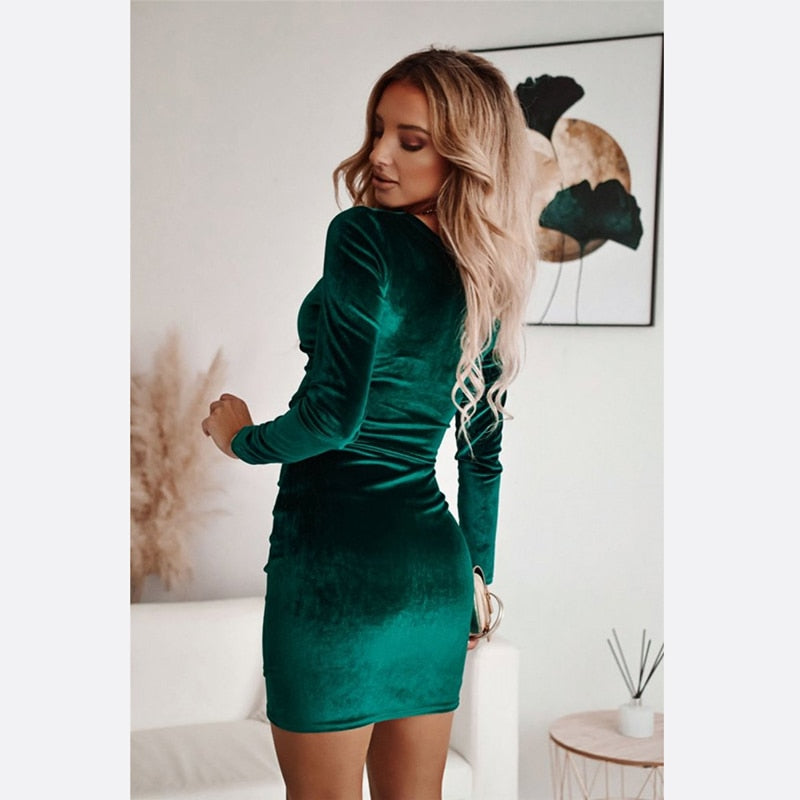 Elegant Gold Velvet Mini Dress Hip Dresses Solid Long Sleeve Party Dress