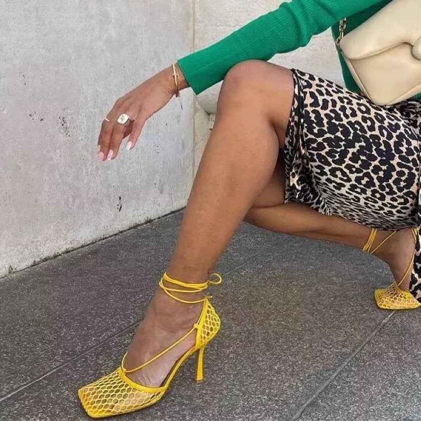 Lulu Square Toe Mesh Lace-Up Sandals - 4 Colors