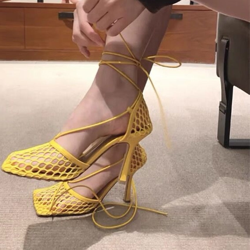 Lulu Square Toe Mesh Lace-Up Sandals - 4 Colors