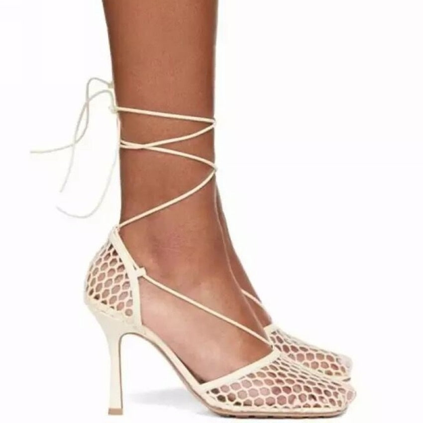 Lulu Square Toe Mesh Lace-Up Sandals - 4 Colors