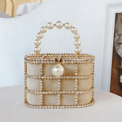 Luxe Rhinestone Cage With Pearl Handle Mini Bag - 2 Styles