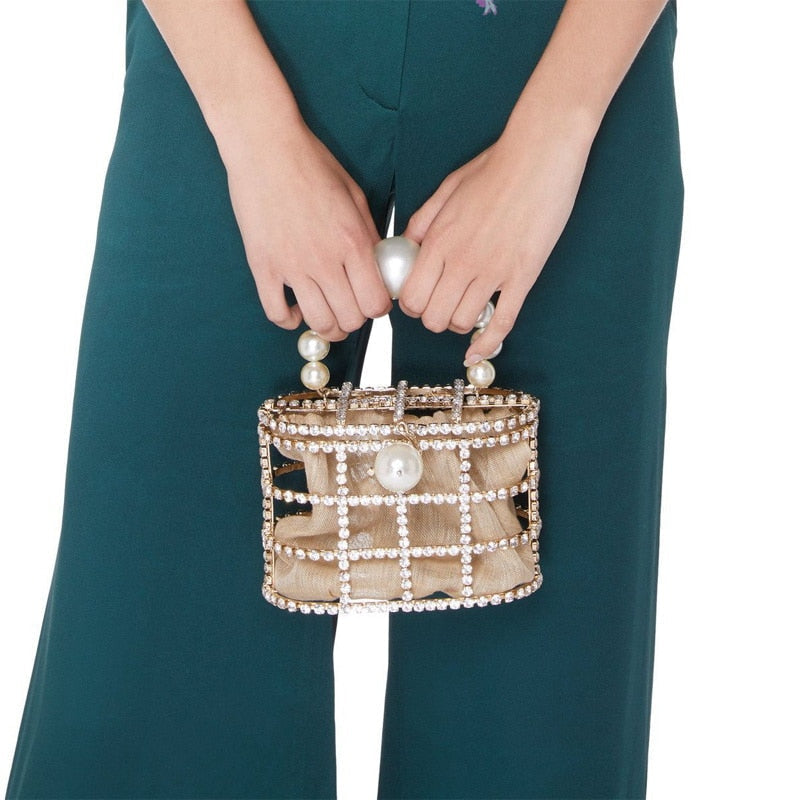 Luxe Rhinestone Cage With Pearl Handle Mini Bag - 2 Styles