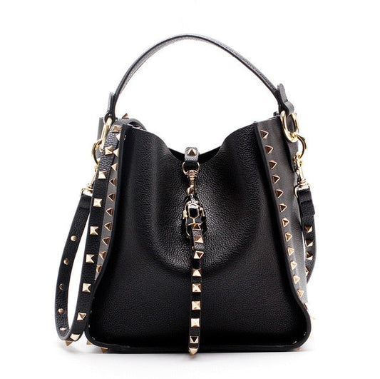 Luxe Riveted Leopard Head Lock Leather Bucket Bag - 7 Colors