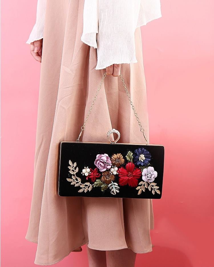 Black Evening Clutch Bags Handmade Embroidery Flower