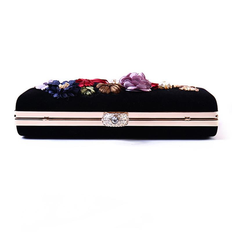 Black Evening Clutch Bags Handmade Embroidery Flower