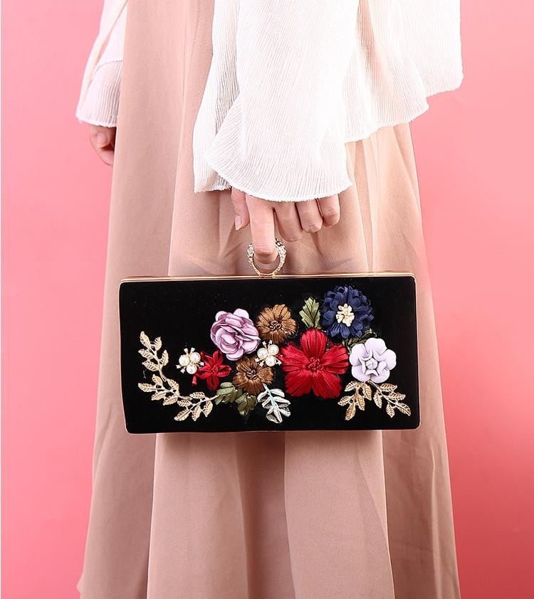 Black Evening Clutch Bags Handmade Embroidery Flower