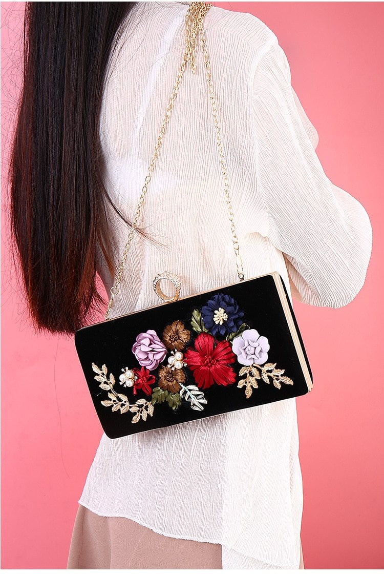 Black Evening Clutch Bags Handmade Embroidery Flower