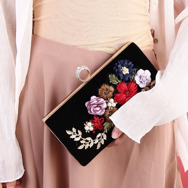 Black Evening Clutch Bags Handmade Embroidery Flower