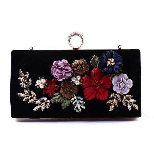 Black Evening Clutch Bags Handmade Embroidery Flower