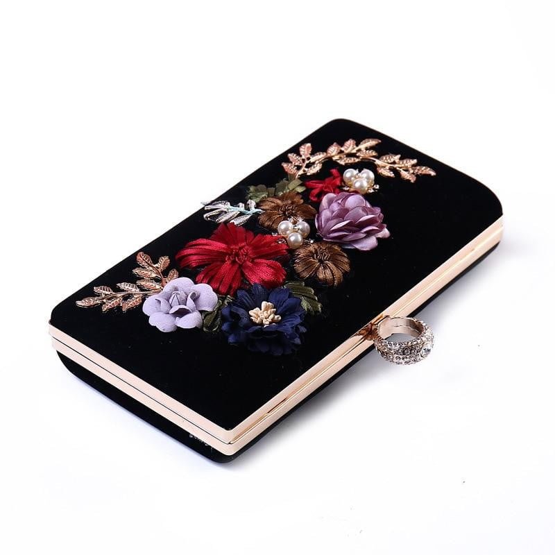 Black Evening Clutch Bags Handmade Embroidery Flower