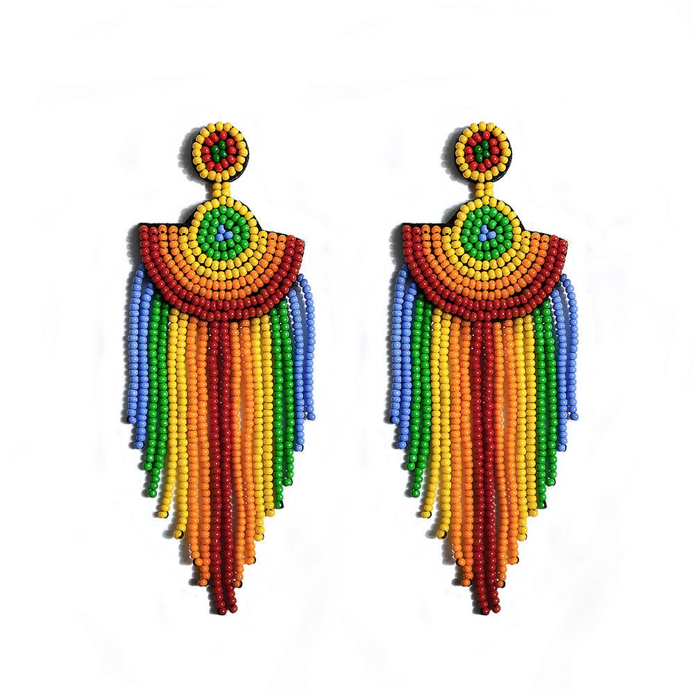 Bohemian Rainbow Beaded Long Tassel Earrings For Women