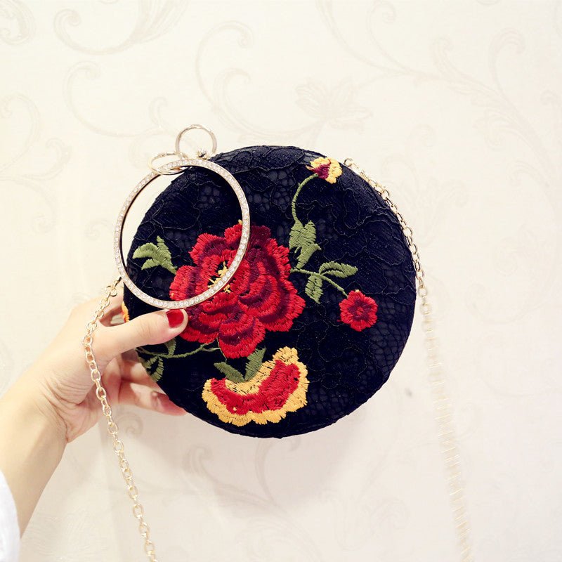 Embroidered Round Flower Black Evening Bag