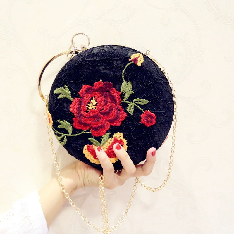 Embroidered Round Flower Black Evening Bag
