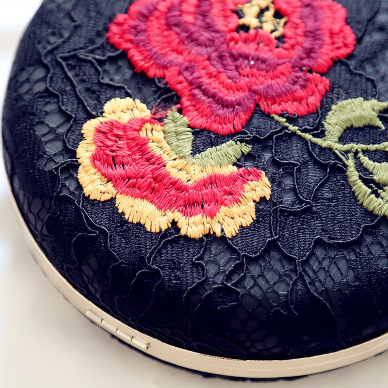 Embroidered Round Flower Black Evening Bag