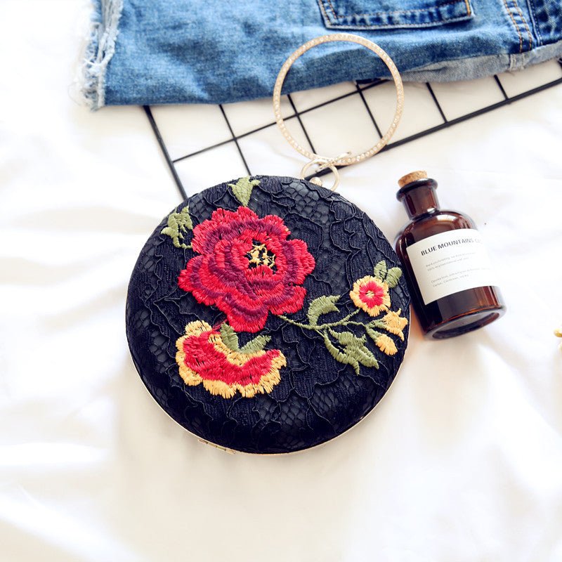 Embroidered Round Flower Black Evening Bag