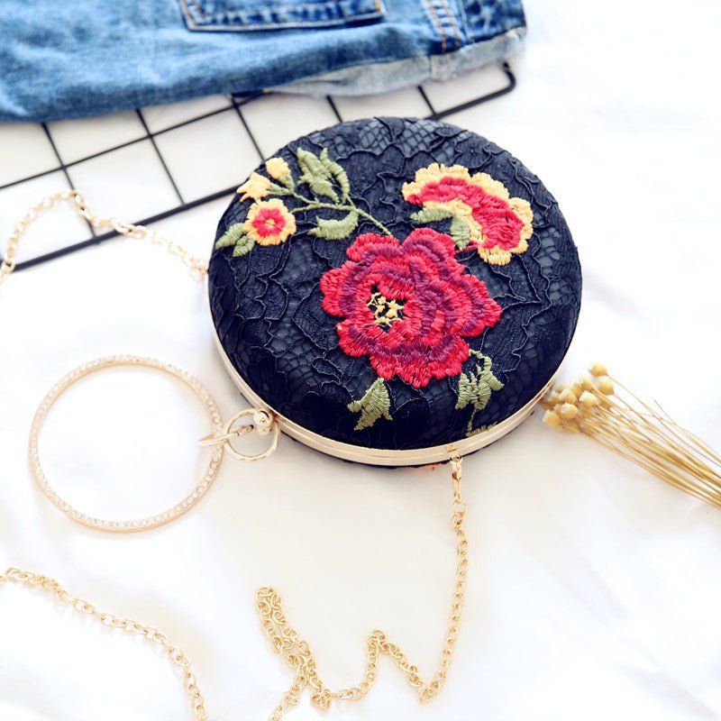 Embroidered Round Flower Black Evening Bag