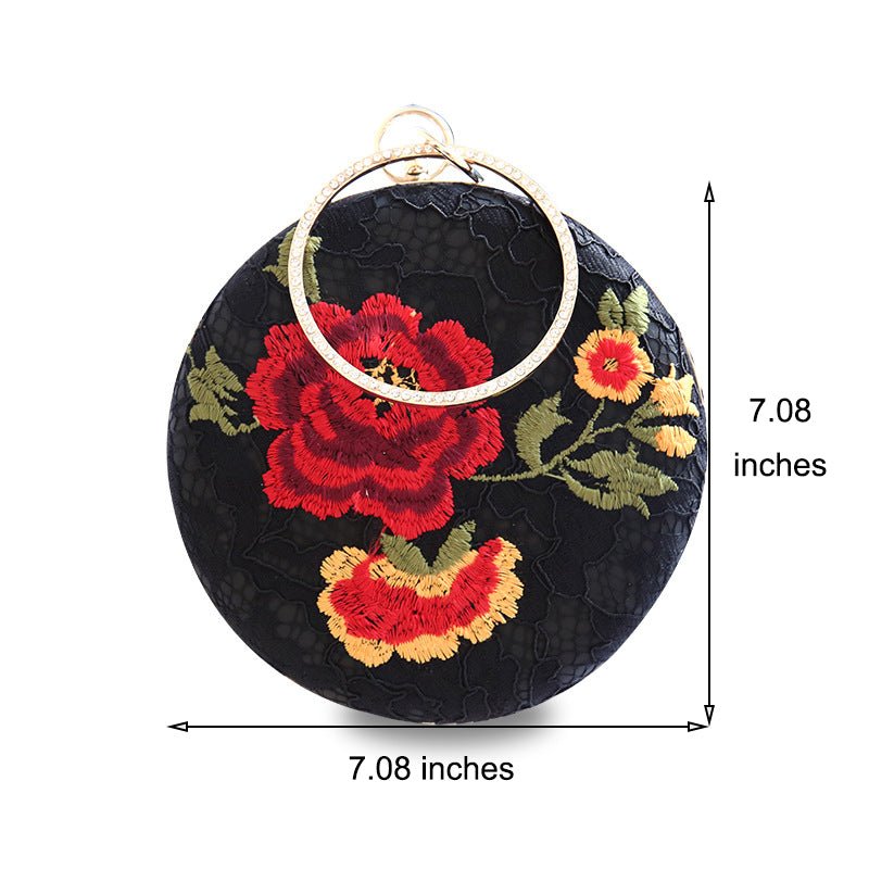 Embroidered Round Flower Black Evening Bag