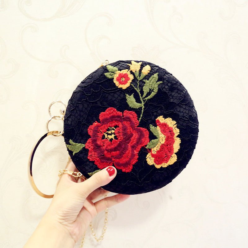 Embroidered Round Flower Black Evening Bag