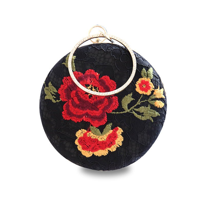Embroidered Round Flower Black Evening Bag