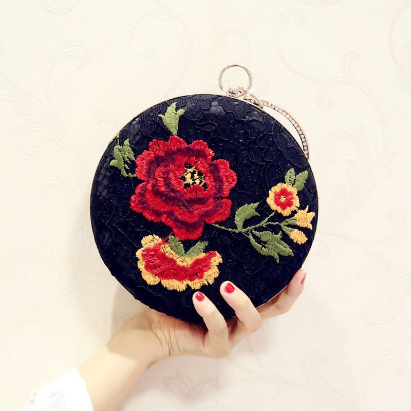 Embroidered Round Flower Black Evening Bag