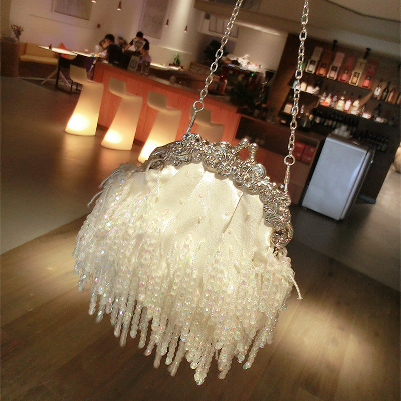 Fringed Satin Beaded Evening Bag
