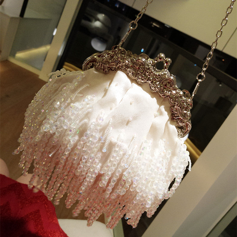Fringed Satin Beaded Evening Bag