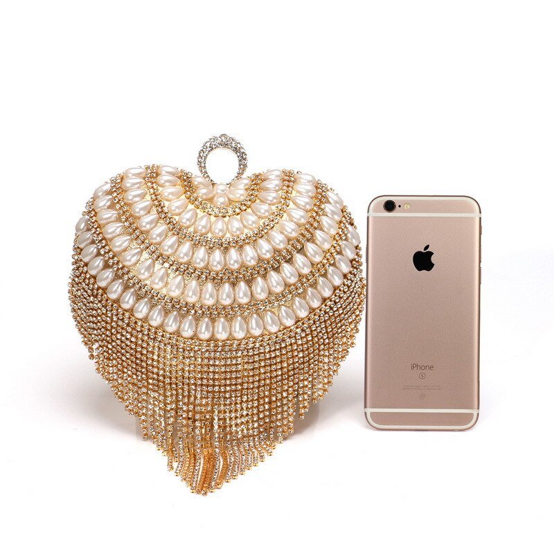 Heart Design Women Clutches Diamonds Evening Bags With Tassel