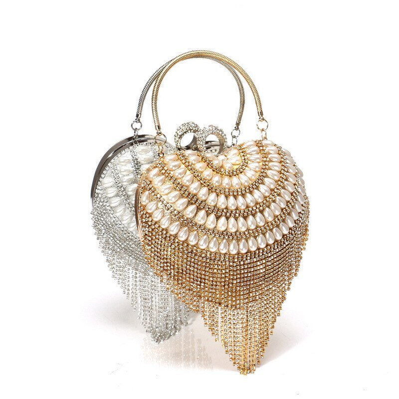 Heart Design Women Clutches Diamonds Evening Bags With Tassel
