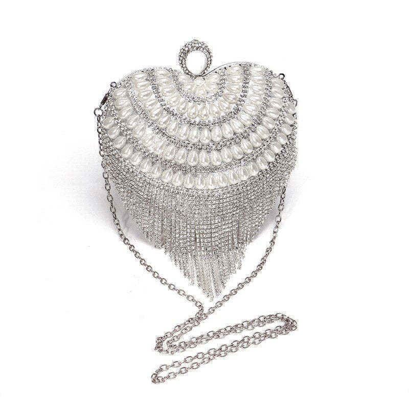 Heart Design Women Clutches Diamonds Evening Bags With Tassel