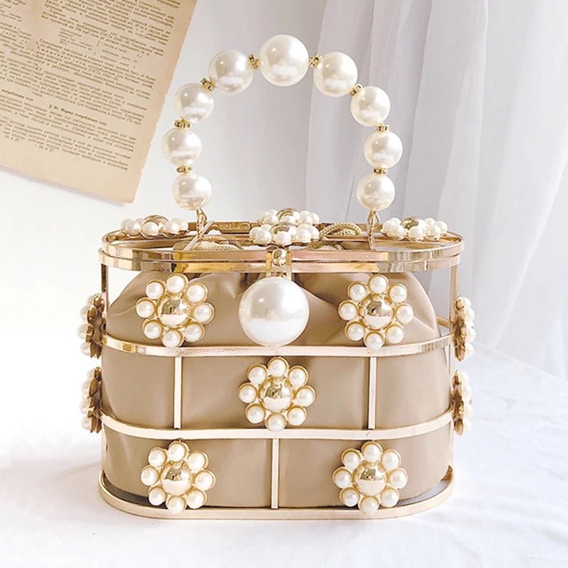 Hollow Pearl Flowers Metallic Wedding Clutch Purse Mini Bucket Handbag