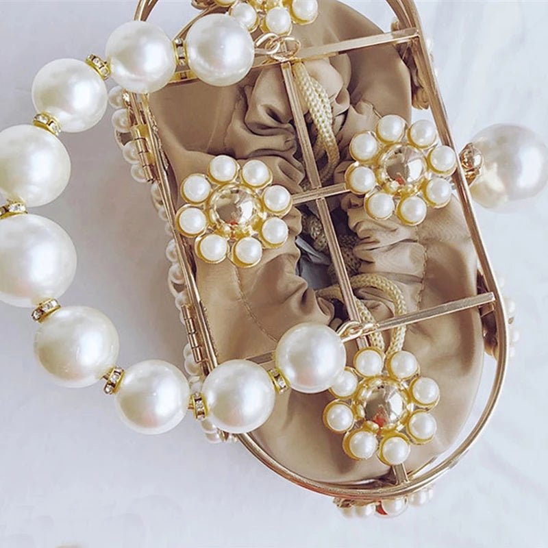 Hollow Pearl Flowers Metallic Wedding Clutch Purse Mini Bucket Handbag