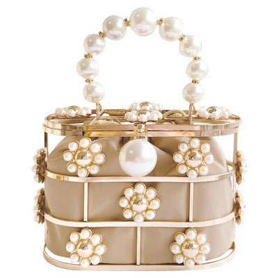 Hollow Pearl Flowers Metallic Wedding Clutch Purse Mini Bucket Handbag