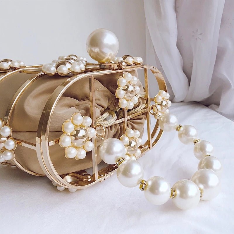 Hollow Pearl Flowers Metallic Wedding Clutch Purse Mini Bucket Handbag