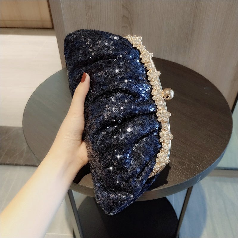 Navy Sequined Rhinestone Evening Clutch Bag