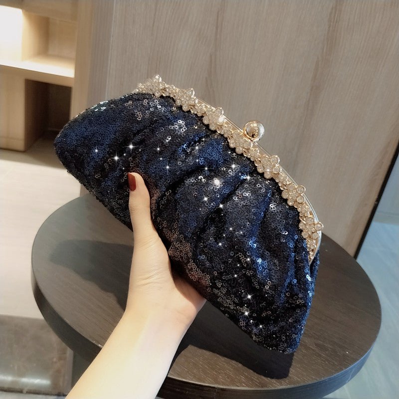 Navy Sequined Rhinestone Evening Clutch Bag