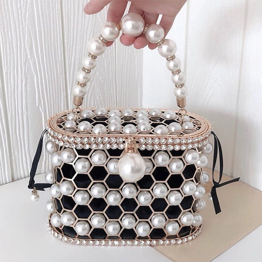 Pearl Women's Handbag Wedding Clutch Purse Metal Basket Shoulder Bag