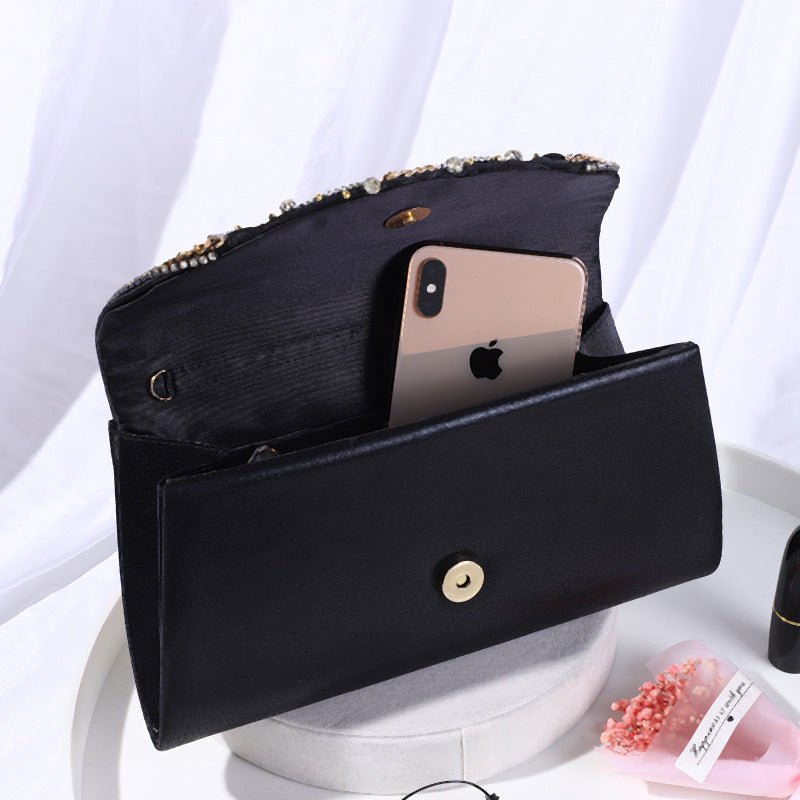 Retro Beaded Women's Clutch Black PU Leather Chain Shoulder Bag