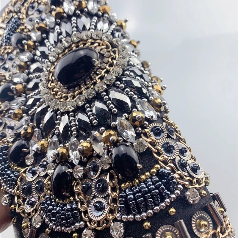 Retro Beaded Women's Clutch Black PU Leather Chain Shoulder Bag