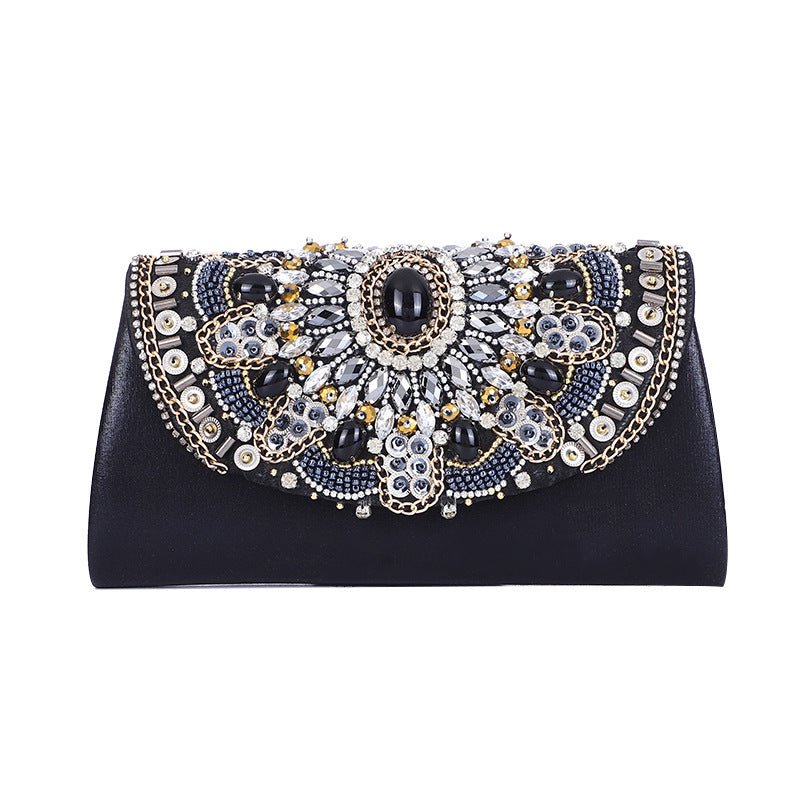 Retro Beaded Women's Clutch Black PU Leather Chain Shoulder Bag