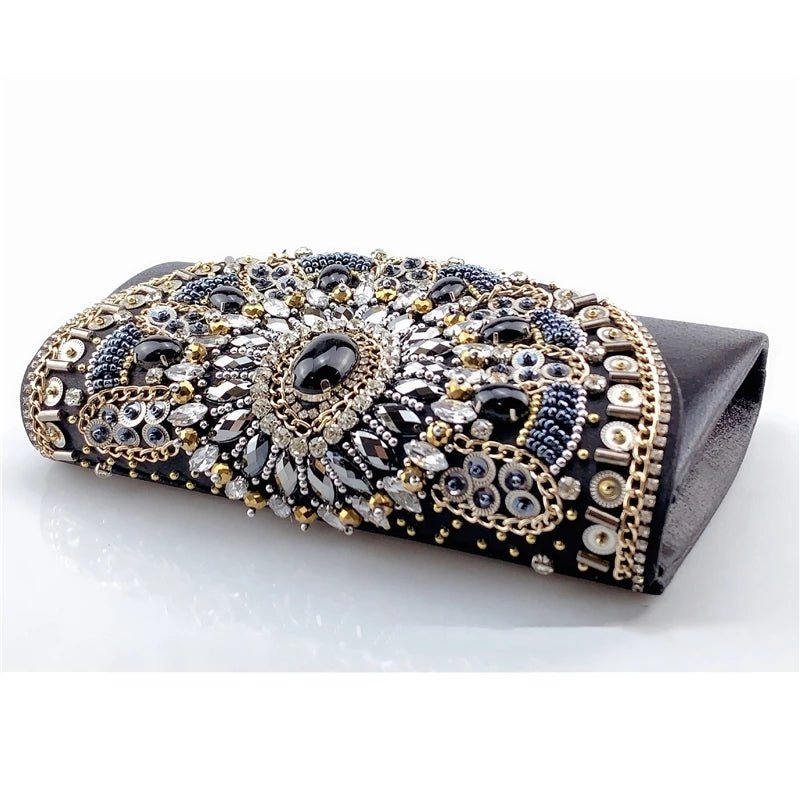 Retro Beaded Women's Clutch Black PU Leather Chain Shoulder Bag