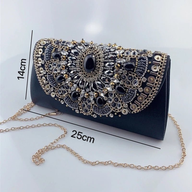 Retro Beaded Women's Clutch Black PU Leather Chain Shoulder Bag
