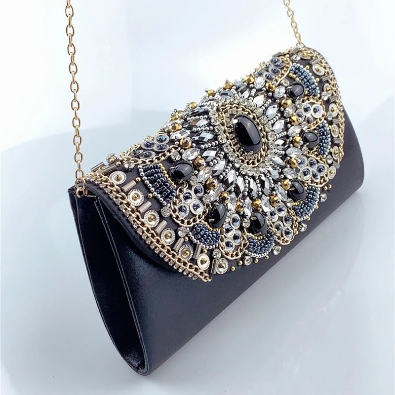 Retro Beaded Women's Clutch Black PU Leather Chain Shoulder Bag