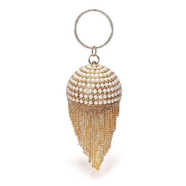 Round Evening Bag Diamonds Pearl Tassel Clutch