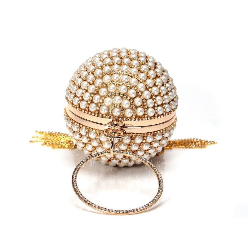 Round Evening Bag Diamonds Pearl Tassel Clutch