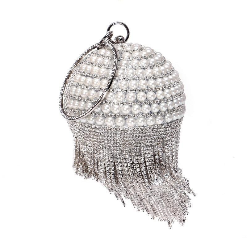 Round Evening Bag Diamonds Pearl Tassel Clutch